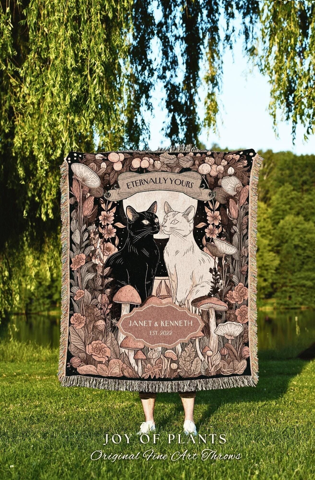 Peachy Woodland Cat Lovers Blanket | Dark Cottagecore Mushroom Aesthetic Woven Throw Personalized Cotton Anniversary Tapestry for Cat Lover