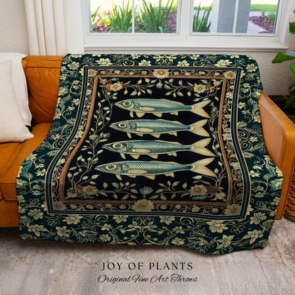 Costal Theme Eclectic Sardine Throw Blanket | Beachy Home Accent Ocean Inspired Costal Aesthetic Woven Wall Tapestry Sea Lover Wall Decor |