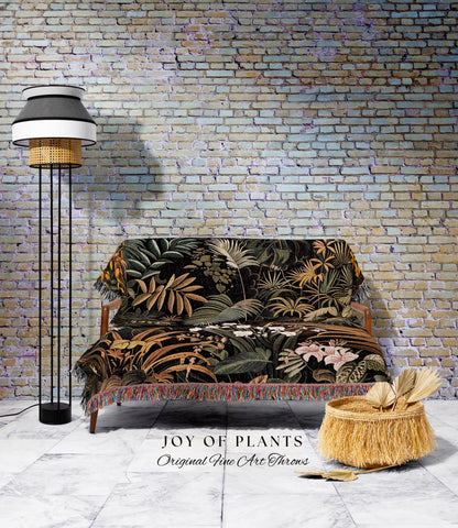 Earthy Colors Tropical Leaves Throw Blanket | Jungle Theme Bedroom Decor Whimsical Botanical Living Room Forest House Plant Tapestry Woven