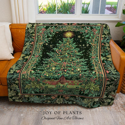Tannenbaum Rustic Tree Throw Blanket | Vintage Woven Christmas Tapestry Cozy Cottagecore Decor Winter Festive Classic Holiday Aesthetic |