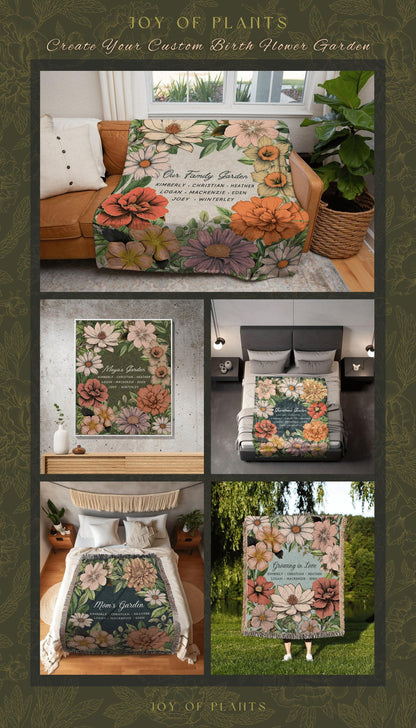 Grandma's Garden Birth Flower Blanket | Gift for Grandparents Custom Family Name Blanket Personalized Birth Month Flower Throw Blanket Woven