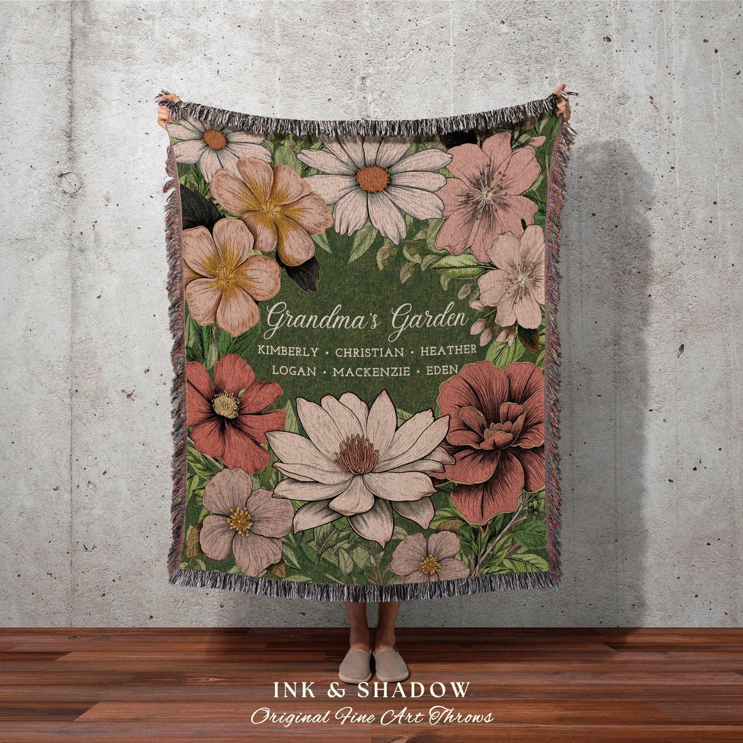 Grandma's Garden Birth Flower Blanket | Gift for Grandparents Custom Family Name Blanket Personalized Birth Month Flower Throw Blanket Woven