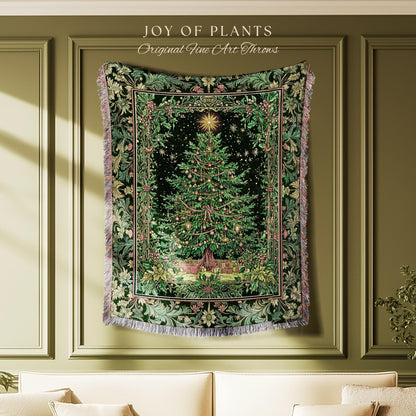 Tannenbaum Rustic Tree Throw Blanket | Vintage Woven Christmas Tapestry Cozy Cottagecore Decor Winter Festive Classic Holiday Aesthetic |