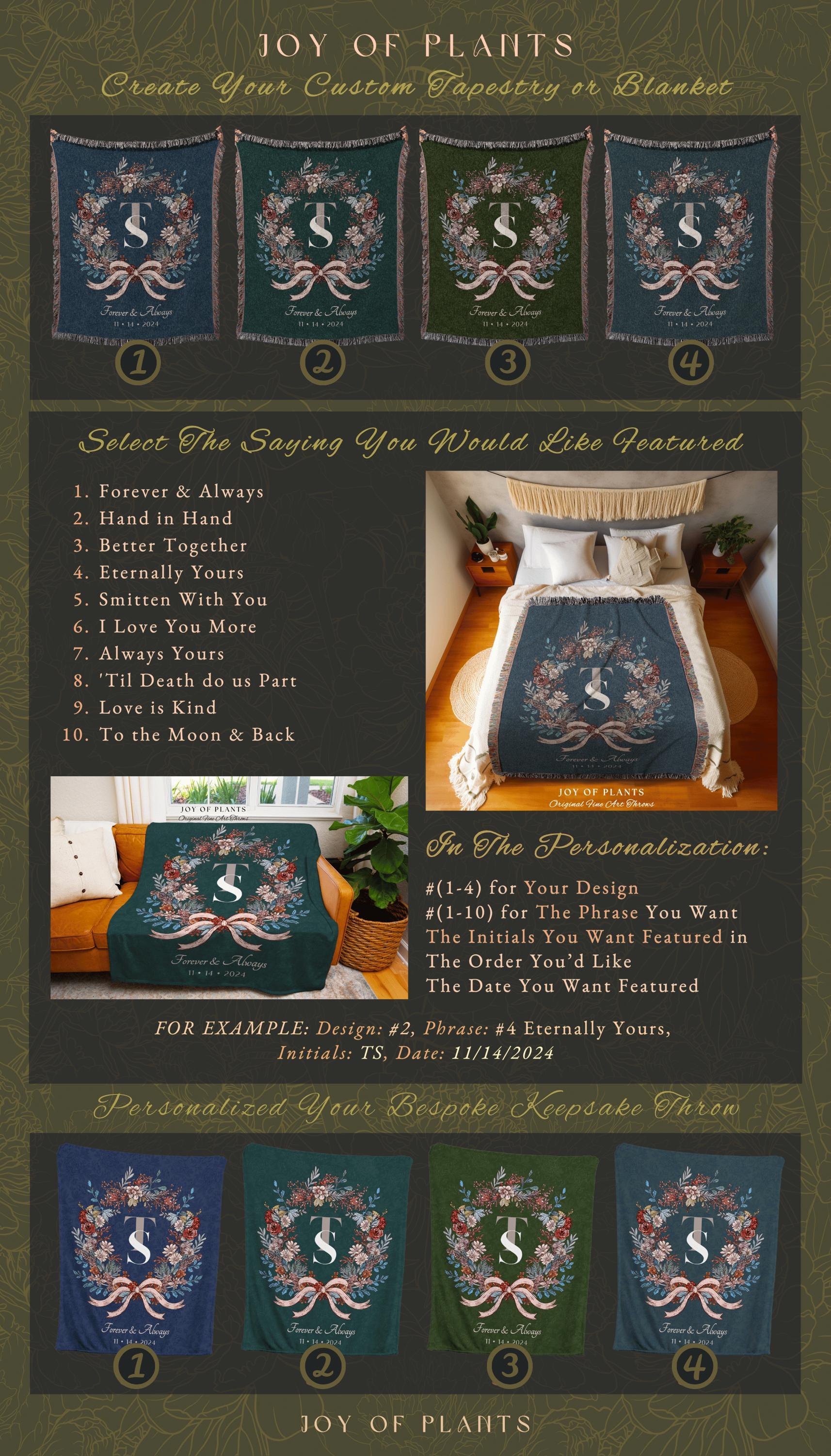 Cozy Newlyweds Initials Throw Blanket | Personalized Keepsake His and Hers Woven Tapestry Custom Dating Anniversary Floral Wreath for Her |