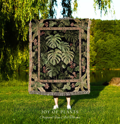 Ethereal Monstera Woodland Botanical Blanket | Tropical Aesthetic Dark Floral Houseplant Lover Whimsical Home Decor Tapestry Woven Throw |