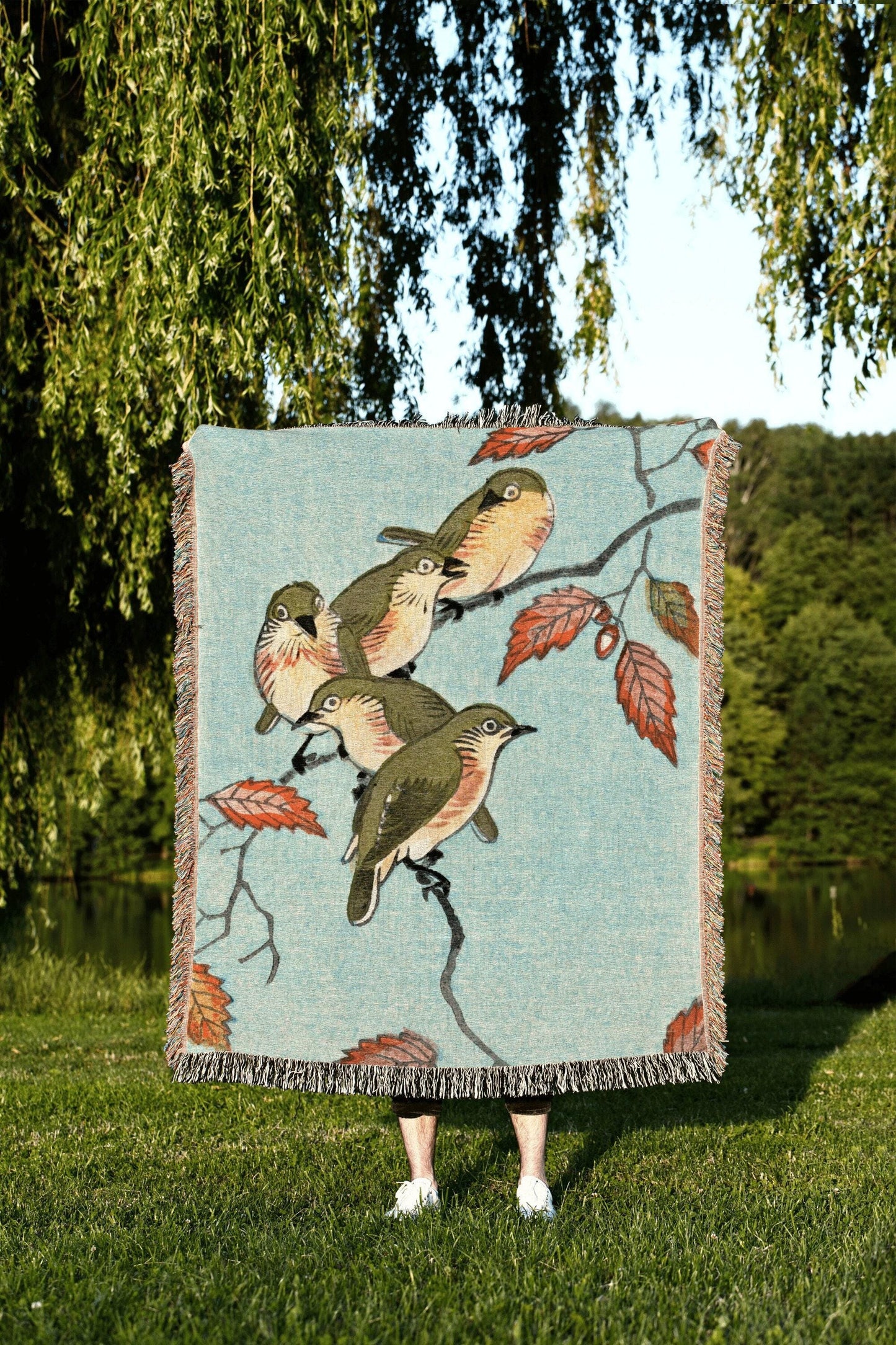 Japanese Woven Tapestry | Japanese Bird Art Blanket | Ohara Koson Art | Custom Woven Throw Blanket | Vintage Woven Tapestry Japanese Art |