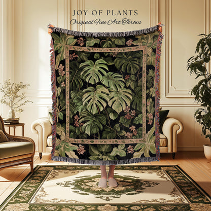 Ethereal Monstera Woodland Botanical Blanket | Tropical Aesthetic Dark Floral Houseplant Lover Whimsical Home Decor Tapestry Woven Throw |