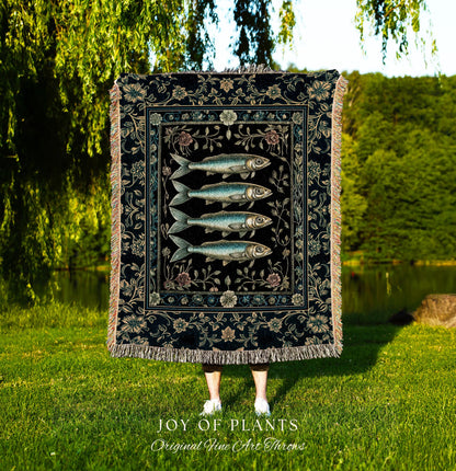 Marine Magic Sardine Woven Wall Tapestry | Sea Life Coastal Folklore Nautical Maximalist Throw Blanket Rustic Oceancore Costal Fish Marine