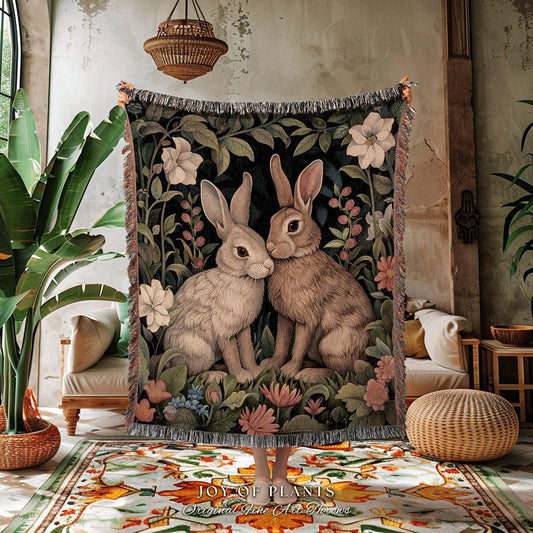 Hygge Blanket Bunny Throw | Cottagecore Cozy Blanket Boho Room Decor Woodland Botanical Aesthetic Fairy Core Throw Woven Wallhanging Gift