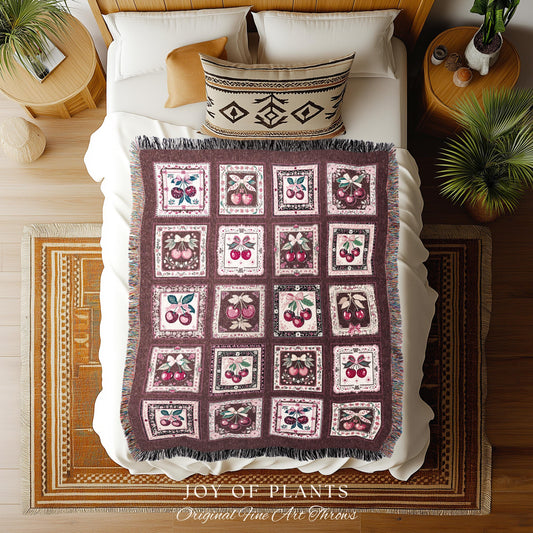 Mauve Berry Coverlet Cottagecore Throw | Trendy Retro Cherry Print Coquette Cottagecore Coverlet Pink Woven Tapestry Throw Blanket Valentine