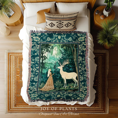 Mystic Animal Guardian Tapestry | Fairy Forest Throw Blanket Ethereal Woods Folklore Woven Wall Art Enchanted Cottagecore Bedroom Magical |