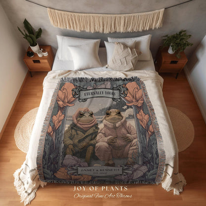 Vintage Frog Couple | Personalized Anniversary Gift Custom Name Tapestry Woodland Blanket Woven | Cottagecore Wedding Gift For Couple Gift |