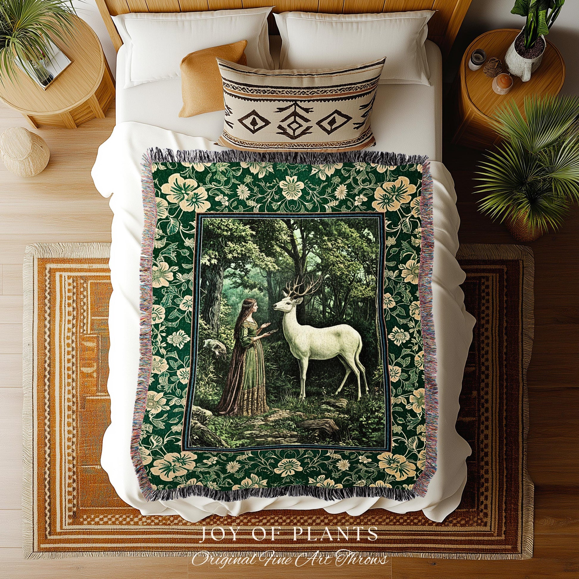 Lush Woodland Folklore Tapestry Woven | Forest Nymph Castlecore Botanical Throw Blanket Forest Spirits Deep Emerald Green Bedroom Accent |