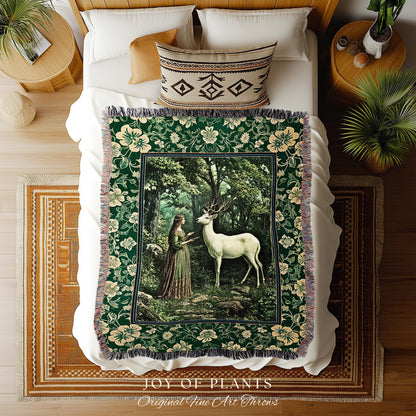 Lush Woodland Folklore Tapestry Woven | Forest Nymph Castlecore Botanical Throw Blanket Forest Spirits Deep Emerald Green Bedroom Accent |