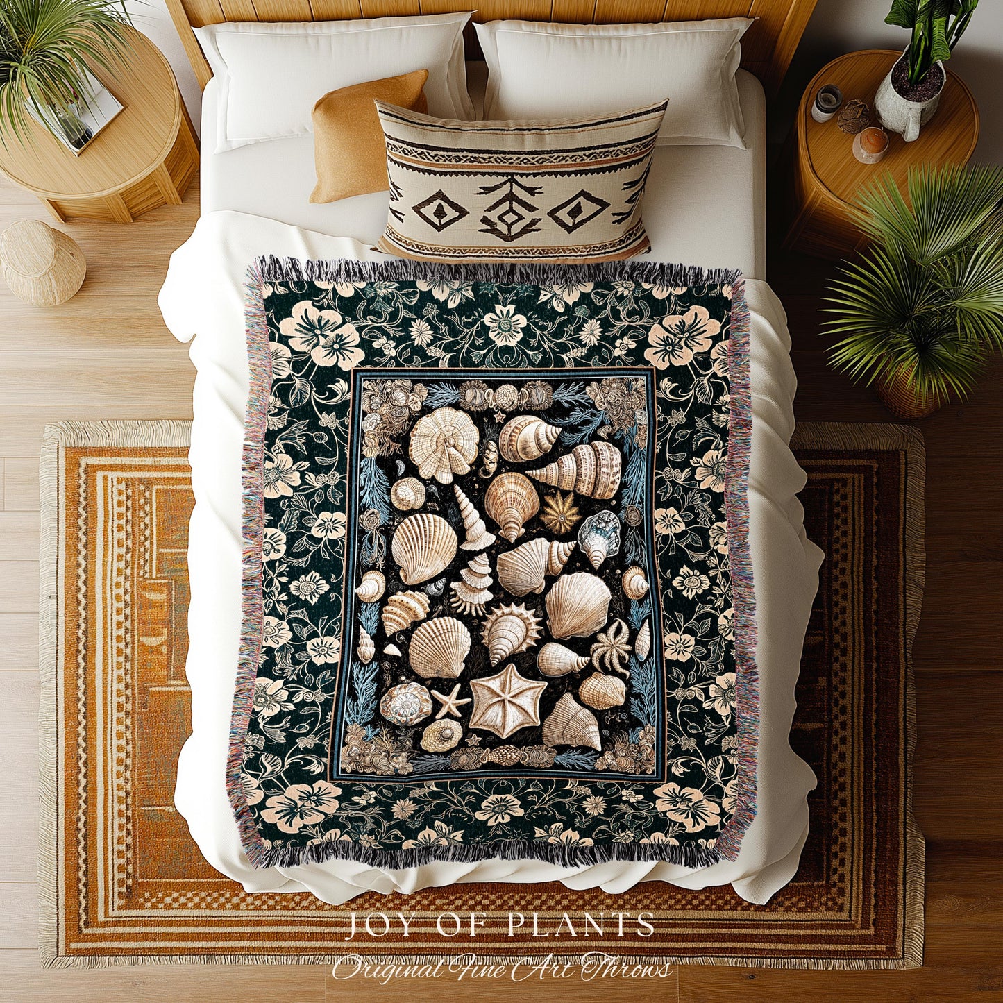 Cozy Beach House Seashell Throw Blanket | Vintage Coastal Aesthetic Beachy Rustic Woven Tapestry Crustacean Inspired Lake House Summer Decor