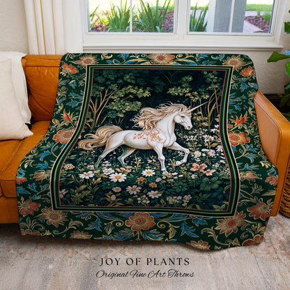 Storybook Aesthetic Mystic Unicorn Blanket | Colorful Maximalist Woven Tapestry Whimsical Victorian Fairycore Ethereal Medieval Woodland |