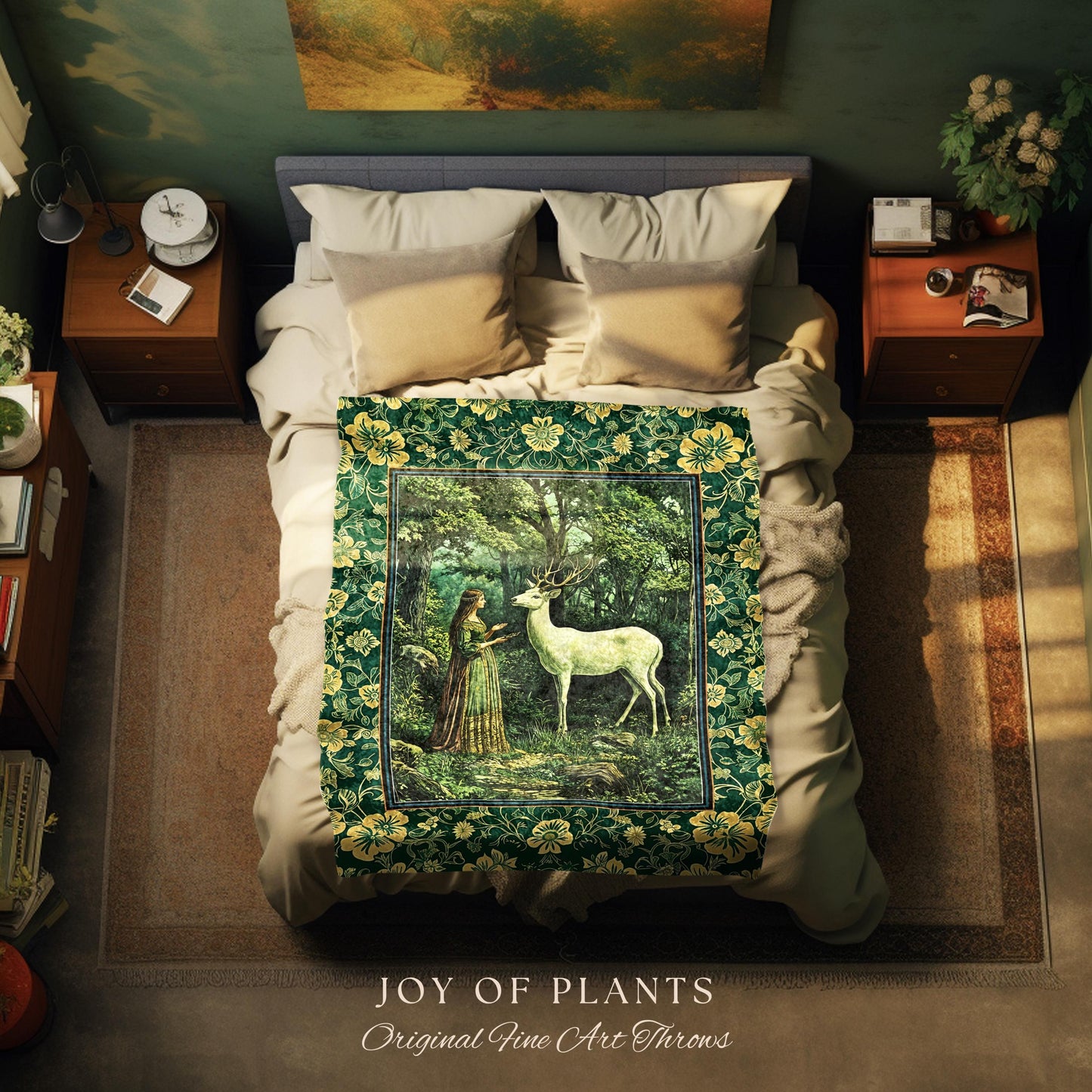 Lush Woodland Folklore Tapestry Woven | Forest Nymph Castlecore Botanical Throw Blanket Forest Spirits Deep Emerald Green Bedroom Accent |