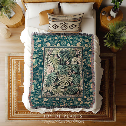 Cozy Plant Room Throw Blanket | Jungle Vibes Dark Academia Woven Tapestry Houseplant Lover Housewarming Gift Whimsigoth Eclectic Bedroom |
