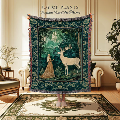 Mystic Animal Guardian Tapestry | Fairy Forest Throw Blanket Ethereal Woods Folklore Woven Wall Art Enchanted Cottagecore Bedroom Magical |