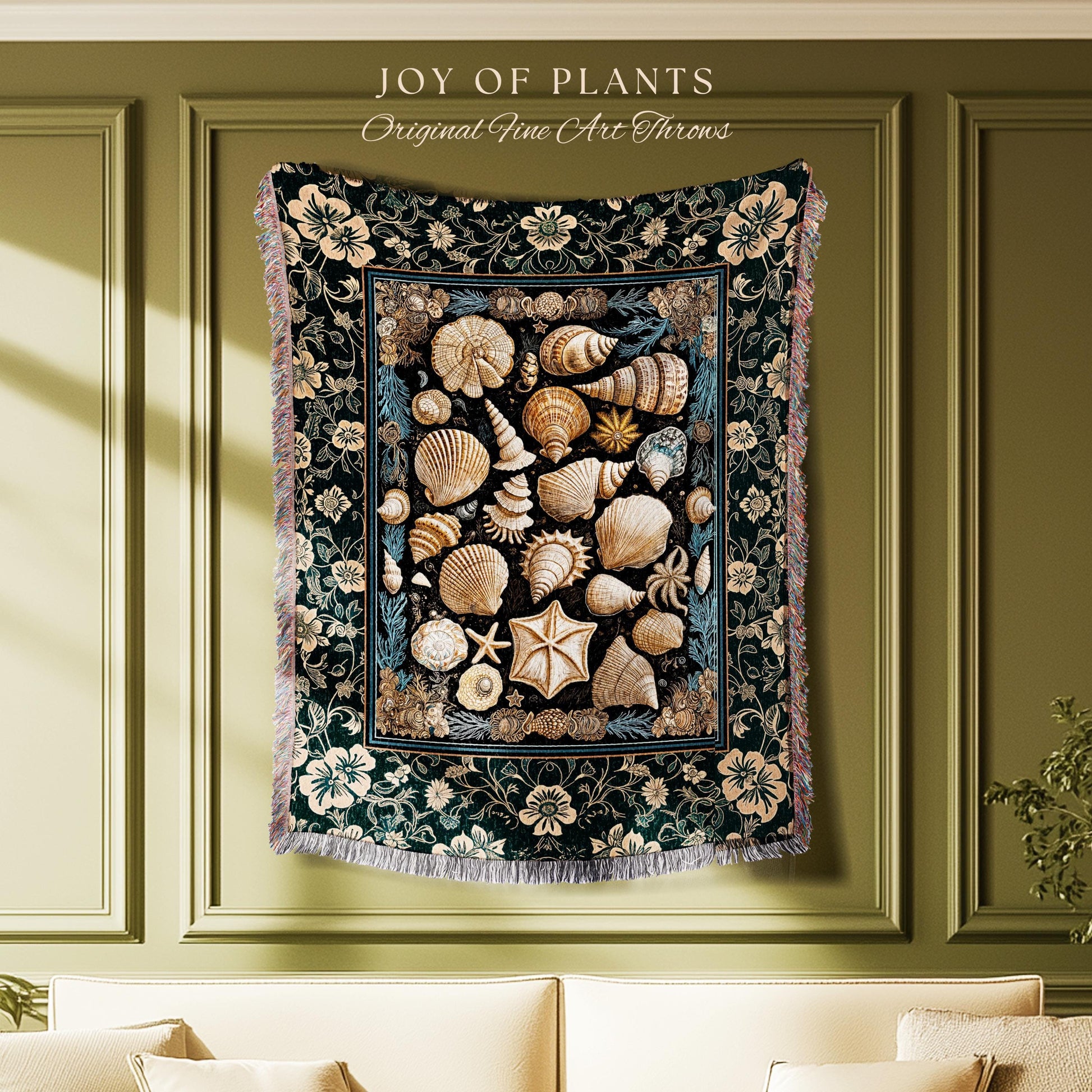 Cozy Beach House Seashell Throw Blanket | Vintage Coastal Aesthetic Beachy Rustic Woven Tapestry Crustacean Inspired Lake House Summer Decor