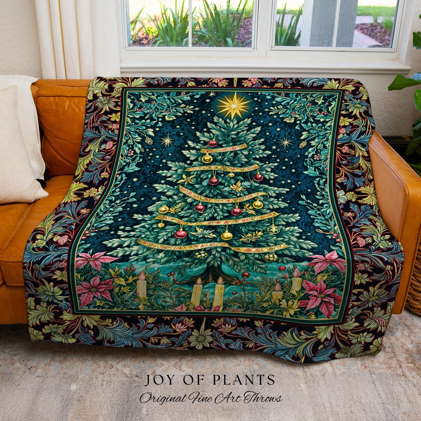 Candlelight Christmas Holiday Blanket | Rustic Woven Tapestry Cozy Winter Decor Red Gold Ornaments Cottagecore Vintage Nostalgic Xmas Style