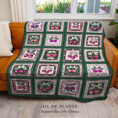 Retro Cherry Blanket Woven Throw | Girly Aesthetics Cottagecore Farmhouse Wall Tapestry Coquette Sweetheart Maximalist Decoration Vintage |