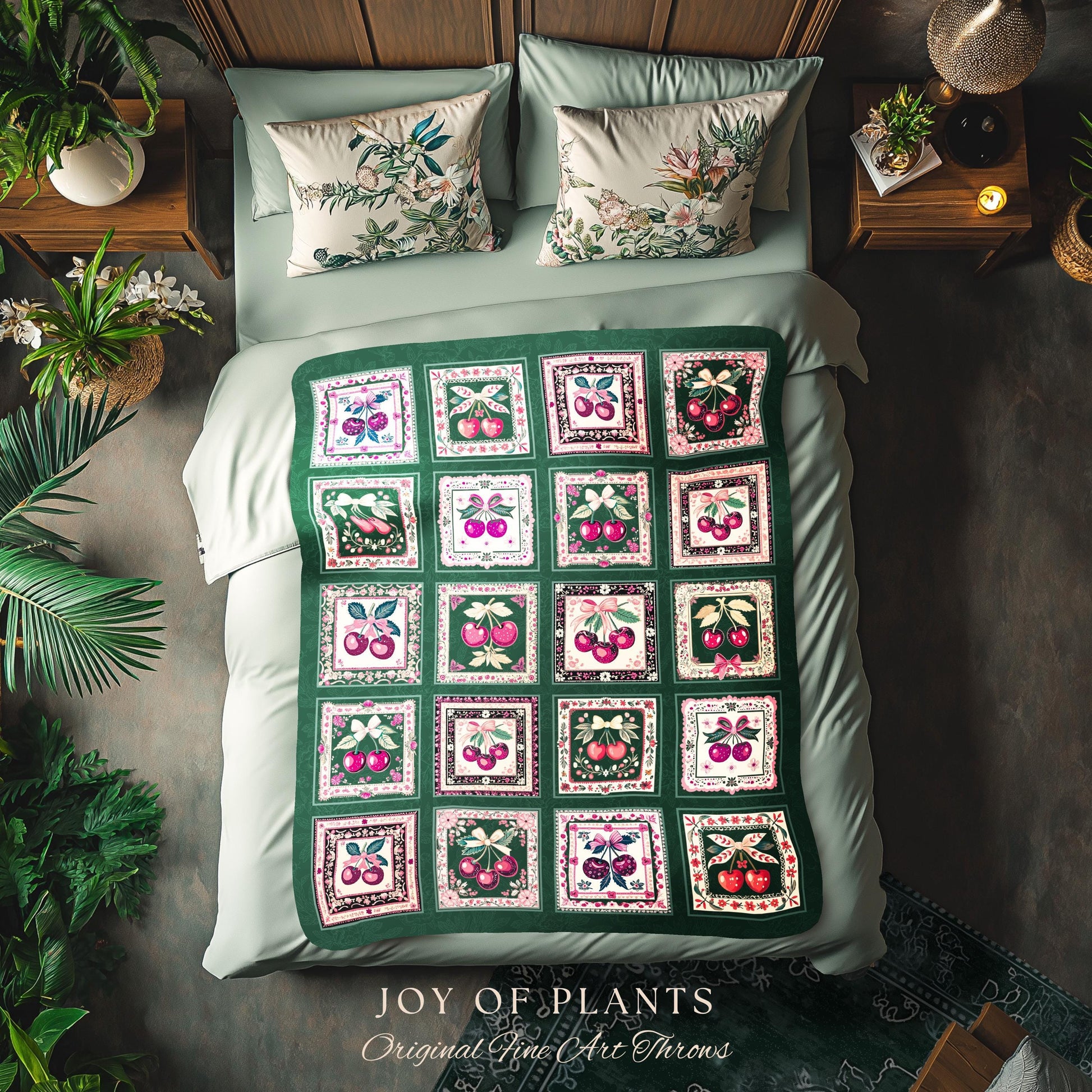 Retro Cherry Blanket Woven Throw | Girly Aesthetics Cottagecore Farmhouse Wall Tapestry Coquette Sweetheart Maximalist Decoration Vintage |