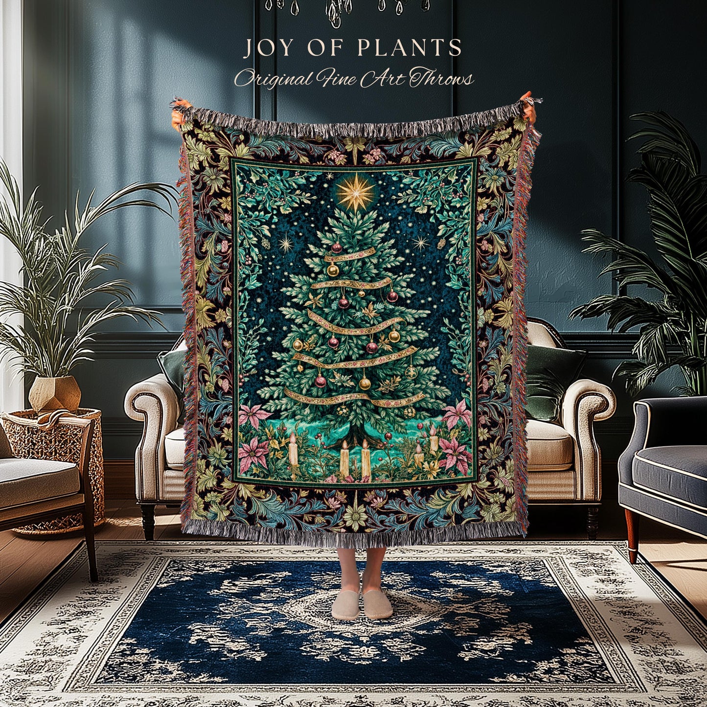 Candlelight Christmas Holiday Blanket | Rustic Woven Tapestry Cozy Winter Decor Red Gold Ornaments Cottagecore Vintage Nostalgic Xmas Style