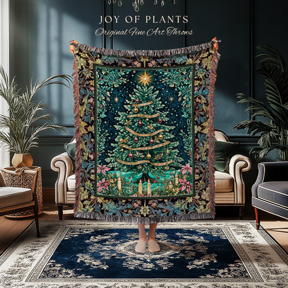 Candlelight Christmas Holiday Blanket | Rustic Woven Tapestry Cozy Winter Decor Red Gold Ornaments Cottagecore Vintage Nostalgic Xmas Style