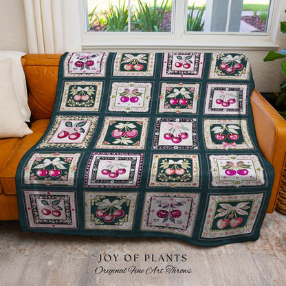 Cozy Coquette Cherry Blanket | Retro Checkered Print Cottagecore Coverlet Pink Farmhouse Wall Tapestry Sweetheart Throw Trendy Aesthetic |
