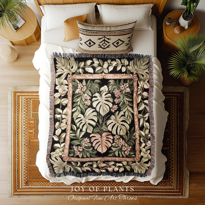 Forestcore Tropigoth Woven Blanket | Jungle Whimsy Dark Academia Bedroom Cottagecore Houseplant Lover Maximalist Tapestry Throw Botanical |