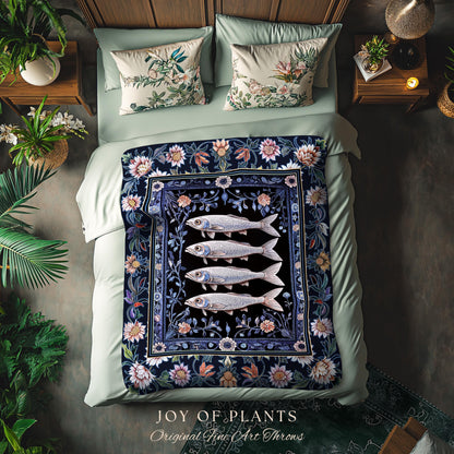 Midnight Purple Sardine Throw Blanket | Ethereal Botanical Beach House Woven Wall Tapestry Eclectic Marine Life Nautical Coastal Aesthetic |