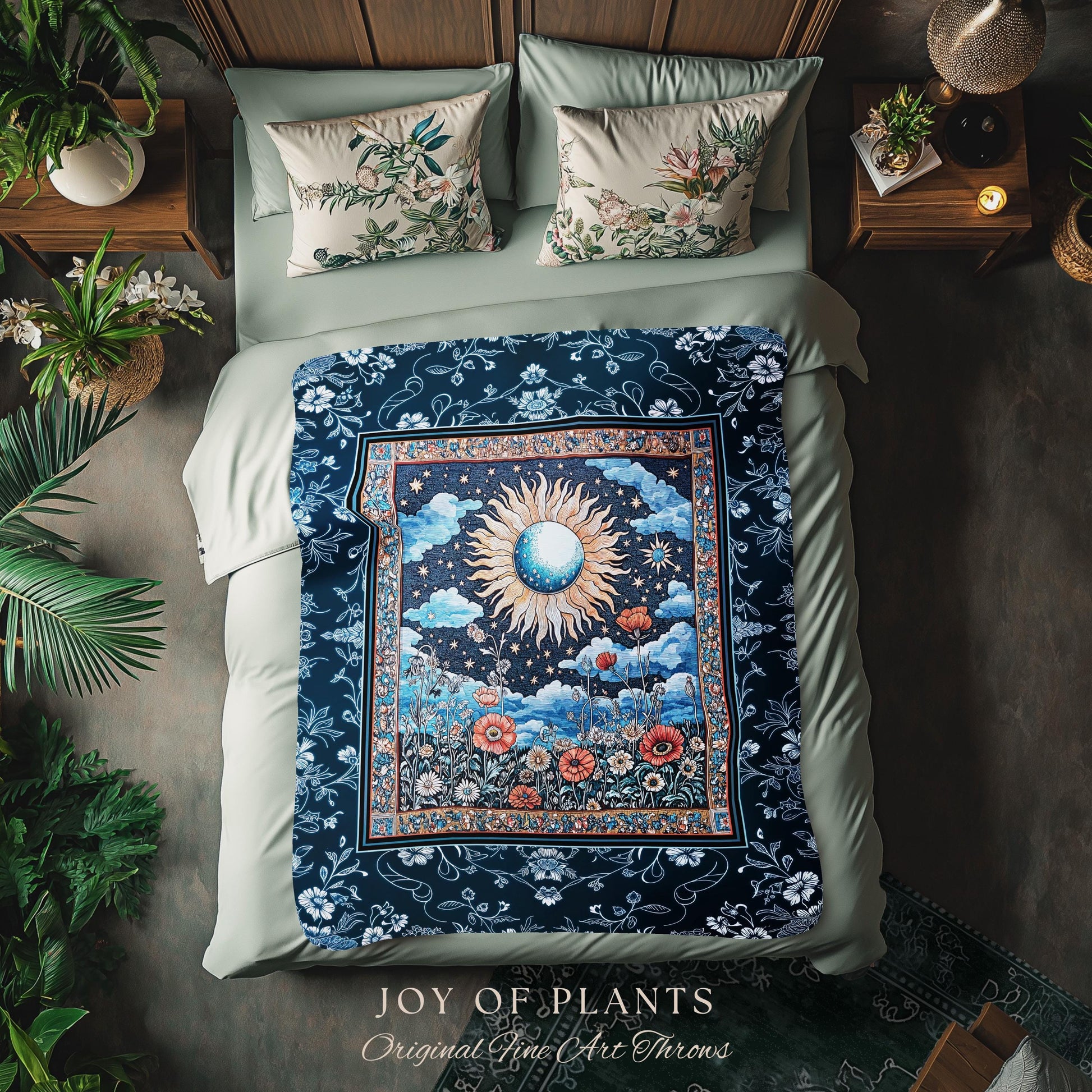 Retro Astrology Throw Blanket | Whimsigothic Bedroom Maximalist Hippie Bedroom Floral Woven Tapestry Psychedelic Cottagecore Ethereal Bed |