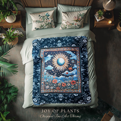 Retro Astrology Throw Blanket | Whimsigothic Bedroom Maximalist Hippie Bedroom Floral Woven Tapestry Psychedelic Cottagecore Ethereal Bed |
