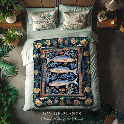 Botanical Marine Life Woven Throw Blanket | Coastal Aesthetic Beachy Whimsical Sardine Tapestry Nautical Lake House Decor Eclectic Floral |