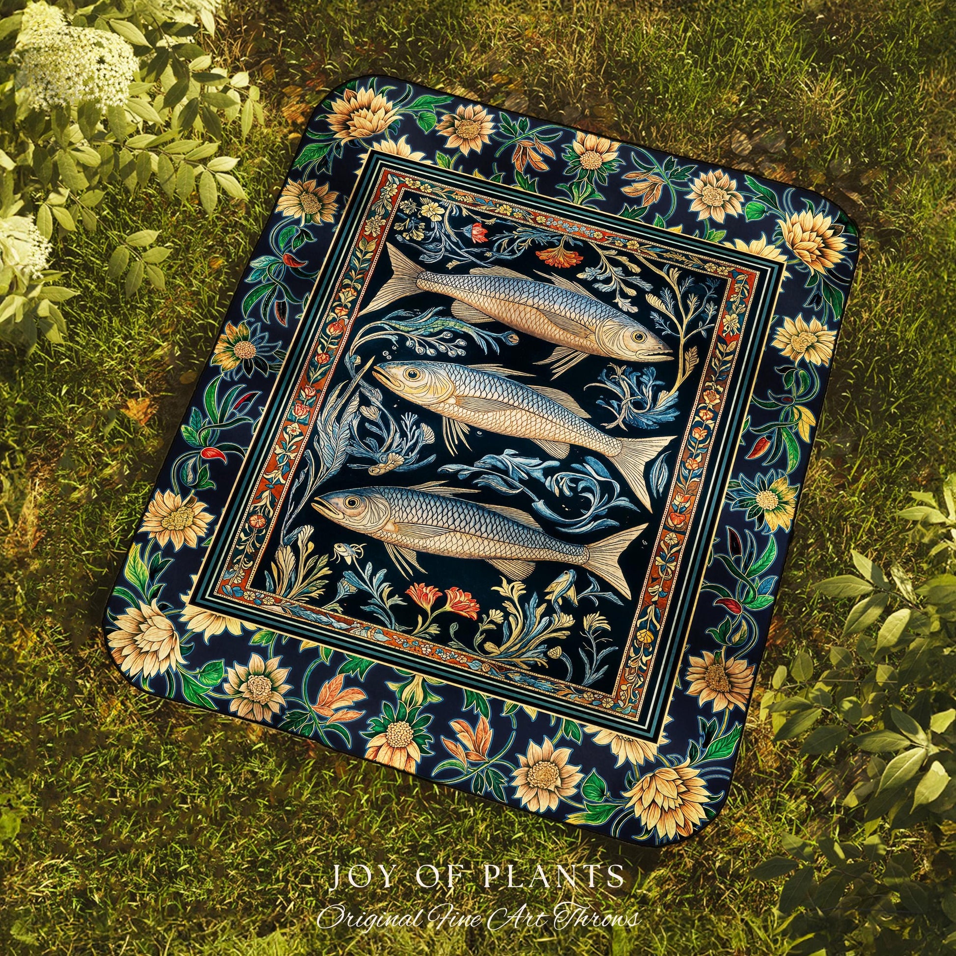 Botanical Marine Life Woven Throw Blanket | Coastal Aesthetic Beachy Whimsical Sardine Tapestry Nautical Lake House Decor Eclectic Floral |