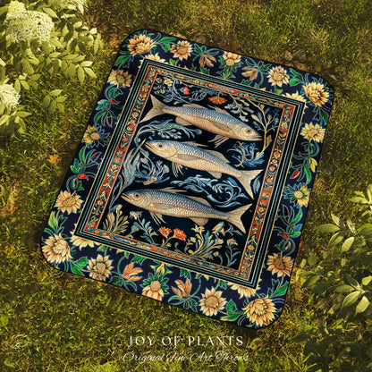 Botanical Marine Life Woven Throw Blanket | Coastal Aesthetic Beachy Whimsical Sardine Tapestry Nautical Lake House Decor Eclectic Floral |