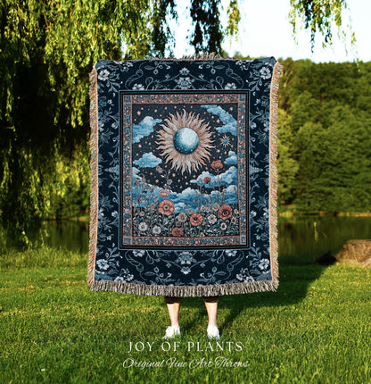 Retro Astrology Throw Blanket | Whimsigothic Bedroom Maximalist Hippie Bedroom Floral Woven Tapestry Psychedelic Cottagecore Ethereal Bed |
