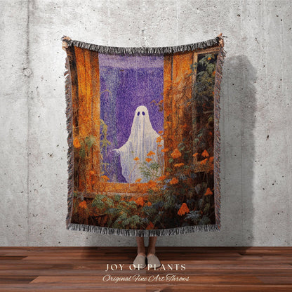 Pastel Goth Art Floral Ghost Blanket Woven Throw | Macabre Wall Art Plant Lover Decor Spooky Ghost Tapestry Gift for Goth Dark Cottagecore |