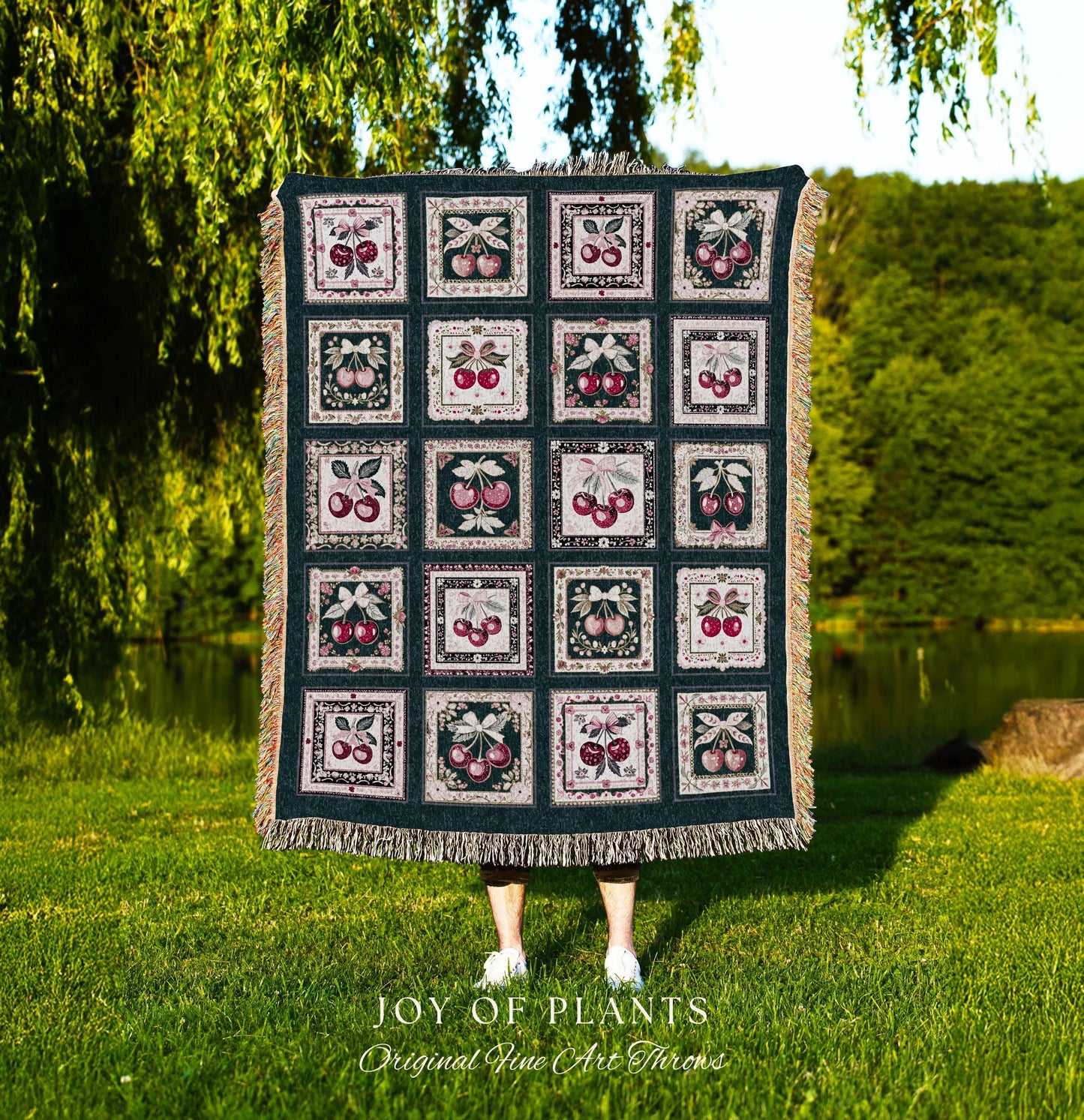 Cozy Coquette Cherry Blanket | Retro Checkered Print Cottagecore Coverlet Pink Farmhouse Wall Tapestry Sweetheart Throw Trendy Aesthetic |