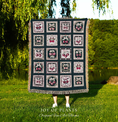 Cozy Coquette Cherry Blanket | Retro Checkered Print Cottagecore Coverlet Pink Farmhouse Wall Tapestry Sweetheart Throw Trendy Aesthetic |