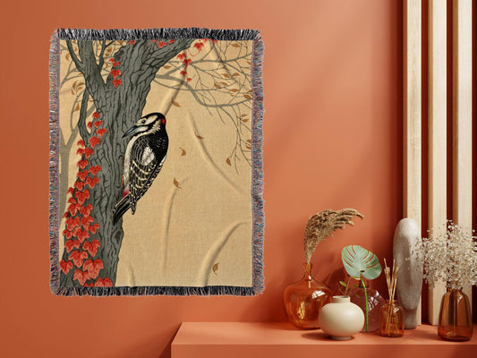 Japanese Woodpecker Painting Vintage Woven Tapestry | Ohara Koson Art Print | Custom Woven Throw Blanket | Tapestry Japanese Traditional Art