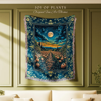 Dark Moody Harvest Moon Throw Blanket | Whimsigoth Dark Academia Vibe Pumpkin Patch Woven Tapestry Spooky Season Rustic Fall Decor Halloween