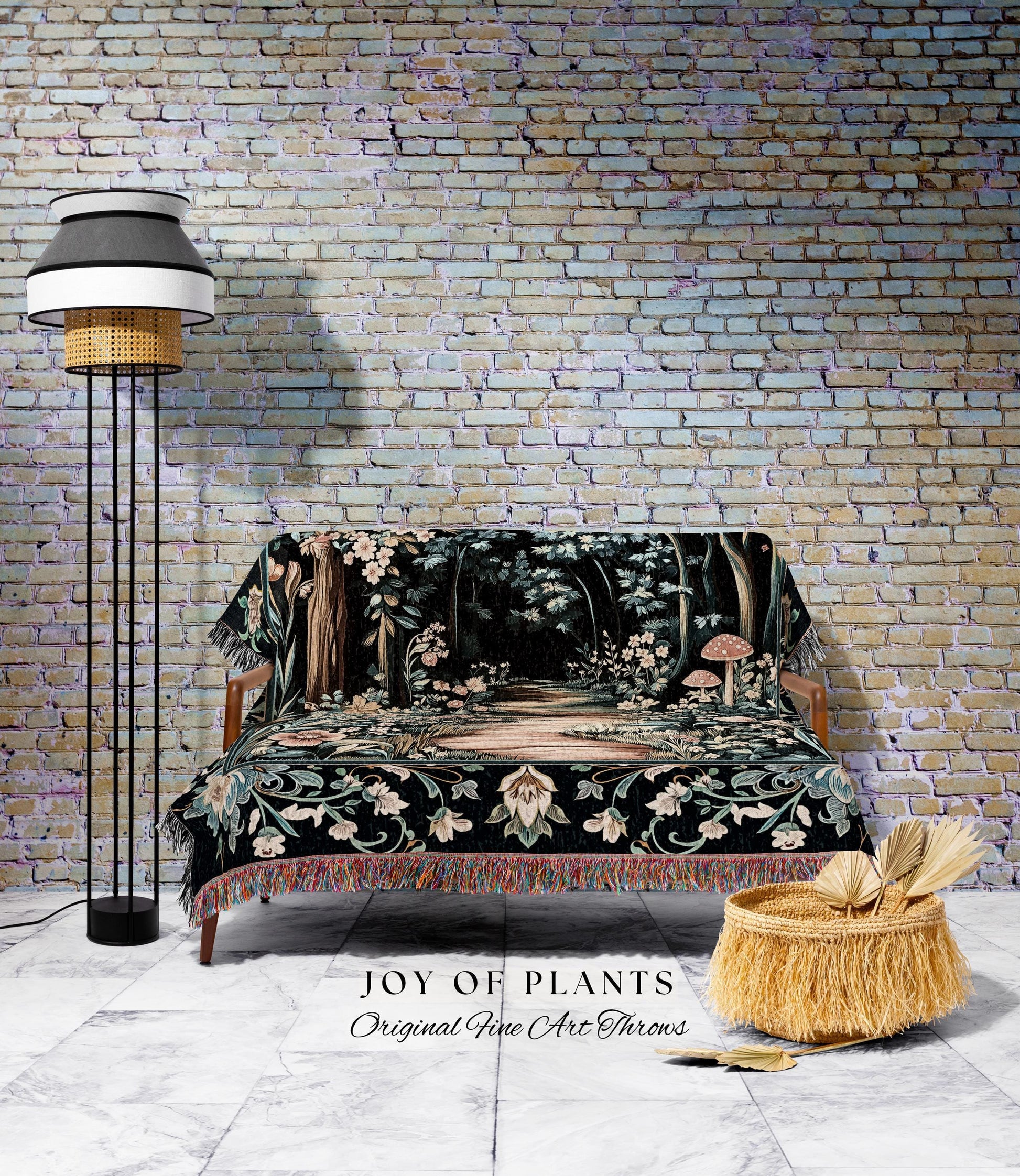 Dreamy Forest Landscape Botanical Blanket | Misty Forest Dark Cottagecore Aesthetic Fairycore Book Nook Woven Tapestry Magical Jungle Decor