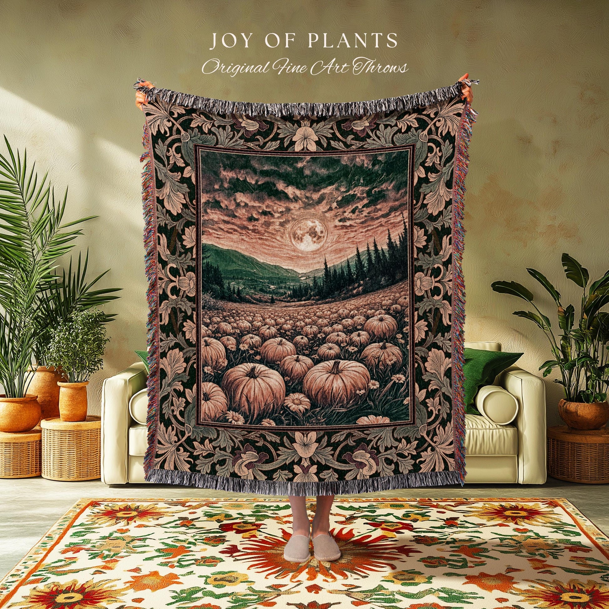 Magic Celestial Moon Woven Tapestry | Cute Spooky Halloween Night Sky Blanket Rustic Pumpkin Fall Academia Aesthetic Whimsigoth Baroque Art