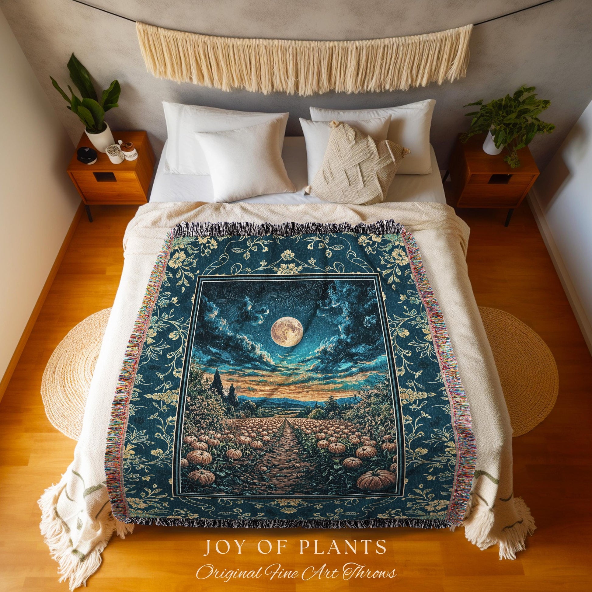 Dark Moody Harvest Moon Throw Blanket | Whimsigoth Dark Academia Vibe Pumpkin Patch Woven Tapestry Spooky Season Rustic Fall Decor Halloween