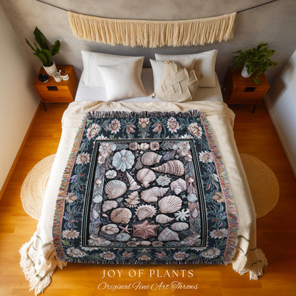 Coastal Pastel Seashell Woven Throw Blanket | Vintage Ocean Inspired Beach Accent Marine Life Wall Tapestry Summer Aesthetic Mermaid Decor |