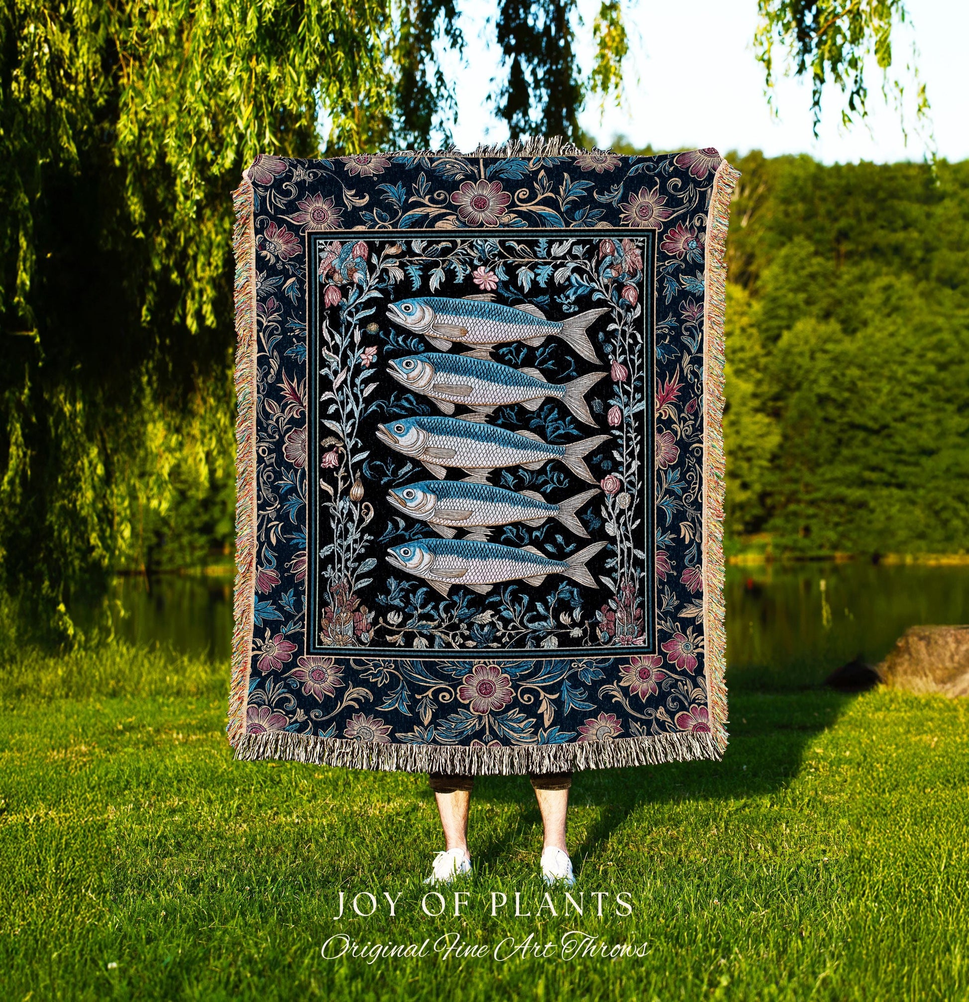 Whimsical Sea Life Sardine Woven Blanket | Cozy Nautical Lake House Throw Eclectic Coastal Aesthetic Maxmialist Tapestry Vintage Sea Life |
