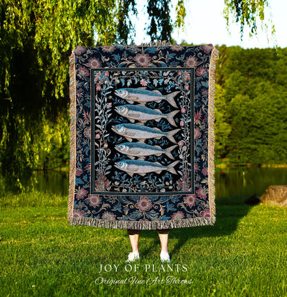 Whimsical Sea Life Sardine Woven Blanket | Cozy Nautical Lake House Throw Eclectic Coastal Aesthetic Maxmialist Tapestry Vintage Sea Life |