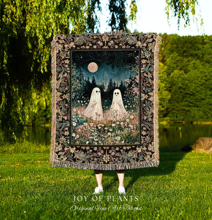 Autumn Spirits Lunar Meadow Ghost Throw | Spirit Tapestry Spooky Season Cottagecore Decor Gothic Enchantment Floral Blanket Woodland Fairy